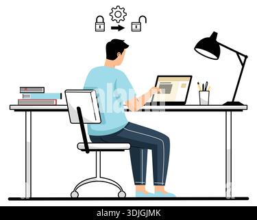 Man working at desk on laptop with security lock icons. Stock Vector