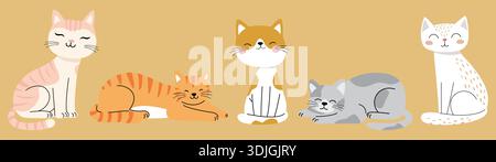 Collection of cute and diverse cats in different relaxed poses. Stock Vector