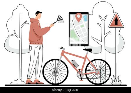 Man using navigation app on smartphone next to bicycle. Stock Vector