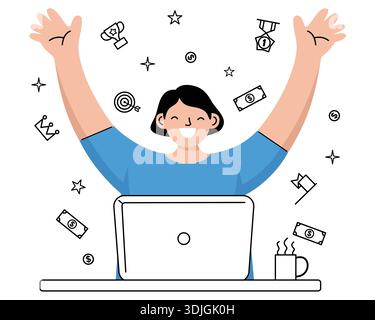 Woman celebrating business success and financial goals at laptop. Stock Vector