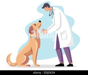 Veterinarian doctor examining a happy dog in a clinic. Stock Vector