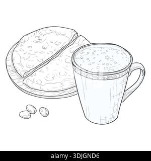 Delicious flatbread or lavash on a wooden tray and a mug of ayran, sketch. Vector illustration isolated on a white background. Concept for a healthy b Stock Vector