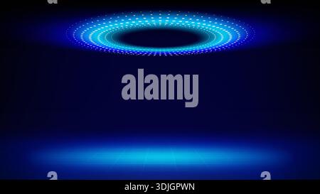 Futuristic technology stage blue background. Round purple pink dotted led, neon glow, grid floor. Abstract background displaying products presentation Stock Vector