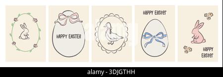 Hand drawn sketchy Easter greeting cards with bunny, goose, egg frames, bows. Cute spring holiday illustrations for baby posters, invitations, banners Stock Vector