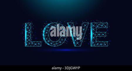 Low poly wireframe glowing word love on dark blue background. Stock Vector