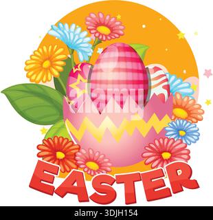 Vibrant vector graphic of decorated Easter eggs inside a shell surrounded by spring daisies Stock Vector