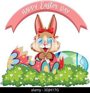 Cartoon rabbit with red bow emerges from decorated eggshell behind green bushes on white background Stock Vector