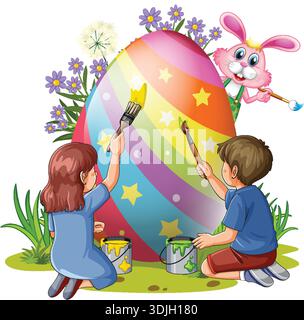Cartoon illustration of kids and a rabbit painting a giant rainbow egg with stars Stock Vector