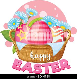 Vector illustration of patterned Easter eggs in a basket with blue daisies and pink background Stock Vector