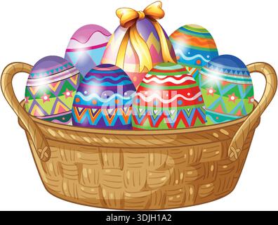 Vector illustration of vibrant decorated eggs in a brown basket isolated on white background Stock Vector