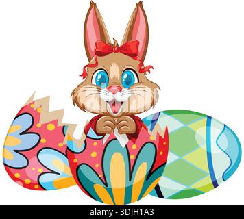 Vector illustration of a happy brown rabbit with a red bow hatching from eggs Stock Vector