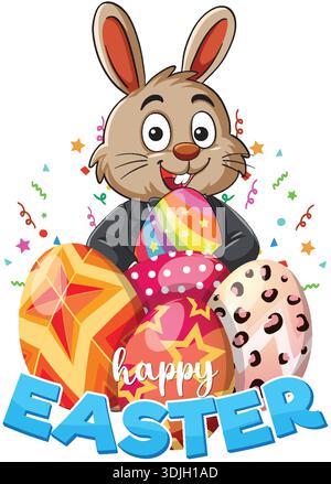 Vector illustration of a smiling rabbit holding decorated eggs against a white background with confetti Stock Vector
