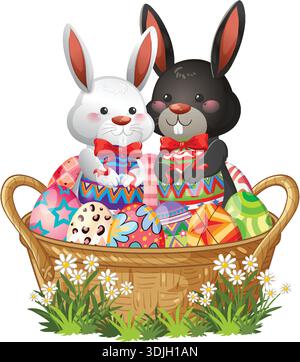 Vector illustration of white and black rabbits with decorated eggs in a woven basket Stock Vector