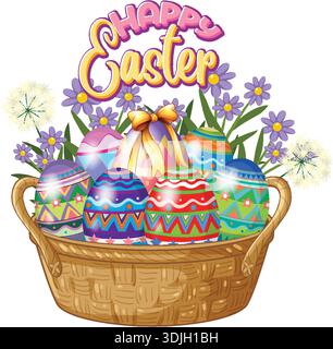Vector illustration of decorated eggs in a basket with purple flowers and white background Stock Vector