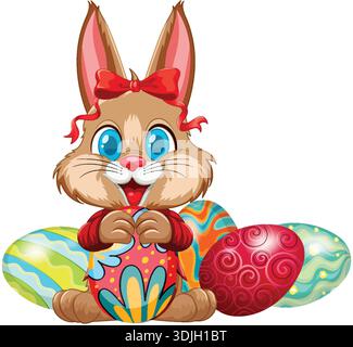 A cheerful brown rabbit with a red bow sits among several patterned Easter eggs Stock Vector