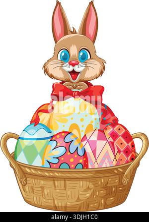 A cheerful brown rabbit sits behind a woven basket containing several patterned Easter eggs Stock Vector
