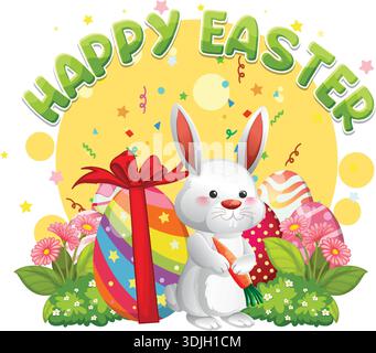 Cartoon white rabbit holding carrot stands among decorated eggs and spring flowers on white background Stock Vector