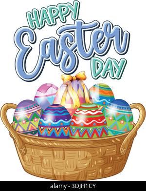 Vector illustration of vibrant patterned Easter eggs inside a woven basket on white background Stock Vector