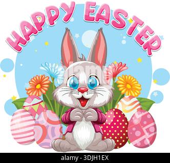 Cartoon rabbit sits among decorated eggs and spring flowers under a pink holiday greeting text Stock Vector
