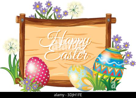 Vector illustration of a wooden sign surrounded by colorful Easter eggs and spring flowers Stock Vector