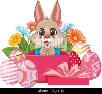 Cartoon rabbit emerges from a gift box surrounded by colorful patterned eggs and spring flowers Stock Vector