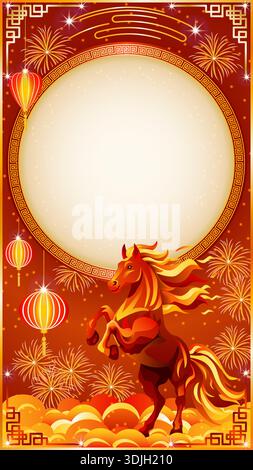 Chinese New Year fire horse, red and gold elements, lanterns, decorative clouds, and ornate circle frame for text. Vertical vector illustration. Stock Vector
