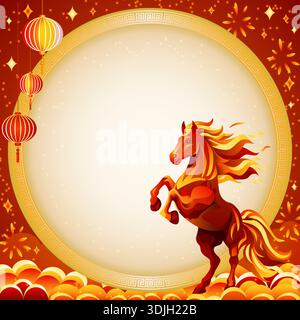 Chinese New Year fire horse, red and gold elements, lanterns, decorative clouds, and ornate circle frame for text. Square vector illustration. Stock Vector