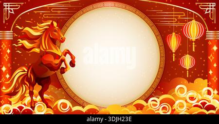 Chinese New Year fire horse, red and gold elements, lanterns, decorative clouds, and ornate circle frame for text. Horizontal vector illustration. Stock Vector
