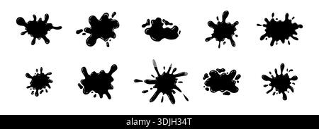 Black smooth ink shiny blob form set. Splash with glossy drops, round abstract shapes silhouette liquid. Soft fluid organic puddle border, frame. Current drops. Ink Paint fall down liquid. Vector illustration Stock Vector