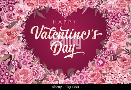 Happy Valentine's Day cute postcard with set of vintage roses and purple heart Stock Vector