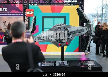 Nuremberg, Germany. 27th Jan, 2026. A TIE fighter from Star Wars by Lego is set up at the opening of the 75th International Toy Fair in Nuremberg. According to the organizers, manufacturers from numerous countries are showcasing trends and innovations at the world's largest trade fair. Credit: Daniel Karmann/dpa/17�Թ����� Live News Stock Photo