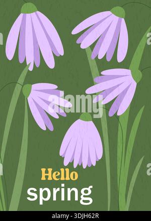 Cute spring card with flowers. Hello Spring. Vertical template design for postcards, cards, booklets, flyers, and invitations. Vector graphic Stock Vector