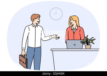 Man rents hotel room talking to administrator standing near reception desk with laptop. Successful businessman checks into hotel during corporate trip to attend professional seminar. Stock Vector