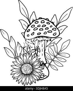 Composition of fly agaric mushrooms with sunflowers, rose hips, leaves. Botanical vector illustration. Hand drawn in black ink. Outline drawing of the Stock Vector
