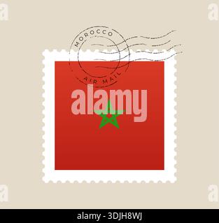 Moroccan national flag on a postage stamp with a distressed air mail postmark, an isolated vector for travel.. Stock Vector