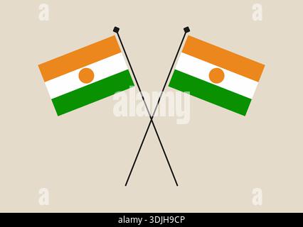 Crossed flags of Niger on flagpoles, a vector illustration representing the nation's symbol, patriotism, and international relations.. Stock Vector