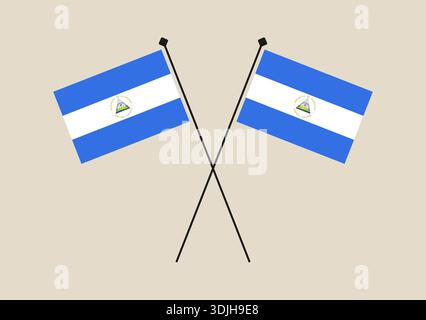 Two crossed national flags of Nicaragua on poles, a simple vector icon symbolizing diplomacy and patriotism.. Stock Vector