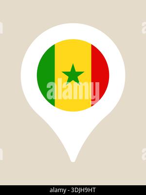 Senegalese national flag inside a modern map location marker representing a travel destination and geographic point.. Stock Vector