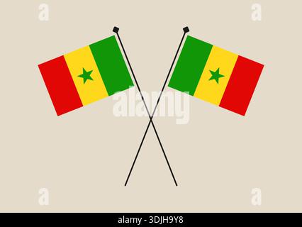 Two crossed national flags of Senegal on flagpoles, a symbolic vector illustration of partnership and Senegalese pride.. Stock Vector