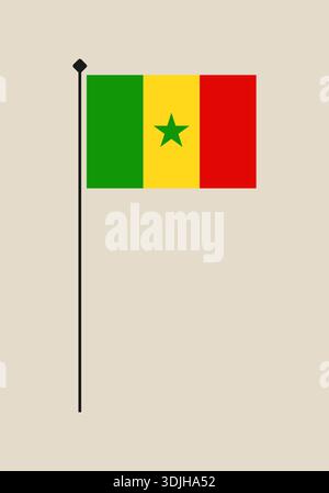 National flag of Senegal with green star flying on a simple black flagpole, an isolated vector illustration.. Stock Vector