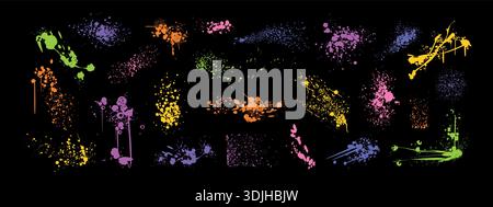 Vector set colorful spray paint inky blots, liquid splatters, drips. Hand drawn splashes, graffiti speckles, inkblot spots with dusty grunge effect. Mud drops, blobs, dirty stains with gritty texture Stock Vector