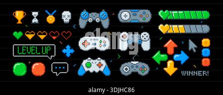 Vector set of pixel art arcade ui buttons, joystick, arrows, life bar with hearts in 8bit retro style. Video game console, interface menu icons. Pixelated typing bubble, winner trophy cups, gamepads Stock Vector