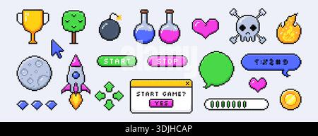 Vector set of pixel art 8bit arcade ui buttons, loading bar, heart love. Video game retro spaceship, interface menu icons, dialogue boxes. Pixelated winner trophy cup, diamonds, elixir in glass bottle Stock Vector
