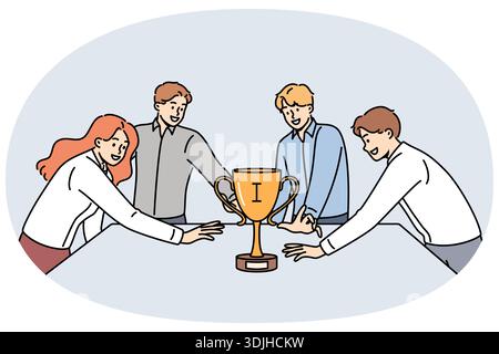 Team of business people fight for golden cup, standing around table and holding out hands to trophy. Award for first place in business contests evokes sense of competition among office employees Stock Vector