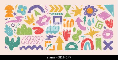 Playful hand drawn abstract organic shapes, silhouettes, doodles with crayon texture. Cute naive symbols, squiggles, colorful geometric kids elements, contemporary figure art. Children design stickers Stock Vector