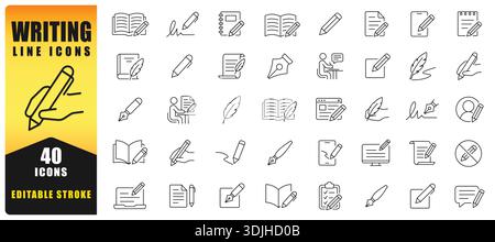 Writing Line Icon Set Featuring Pens, Documents, Notes, And Creative Writing Symbols. Perfect For Education, Blogging, Publishing, And Digital Content Stock Vector