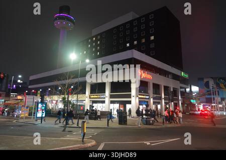 The illuminated St Johns Beacon, St Johns Shopping Centre, and Holiday Inn hotel at night, in Liverpool city centre. Stock Photo