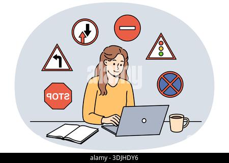 Woman studies traffic rules via laptop, preparing to take theoretical exam to obtain driver license. Girl student sits among road signs, studying traffic rules laws for car drivers Stock Vector