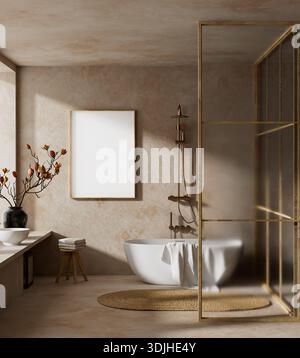 Modern bathroom interior featuring mock up poster frame, freestanding bathtub, natural stone surfaces, spa inspired atmosphere, warm neutral colors an Stock Photo