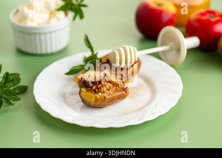 Fresh organic apples baked with the aroma of honey and cinnamon. Stock Photo